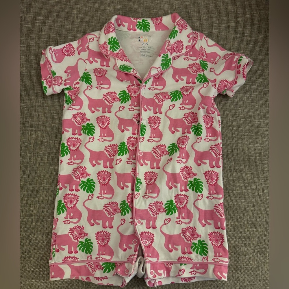 Roller Rabbit Pink and Green Lion Print Short Sleeve Romper Pajamas